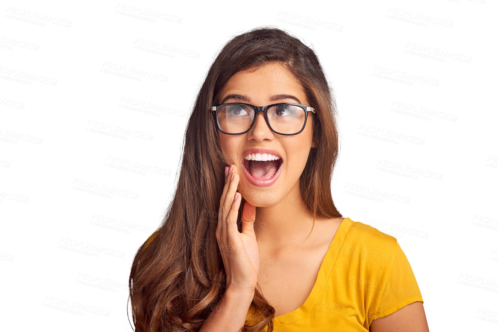 Buy stock photo Isolated woman, wow and shock with smile for news, announcement or thinking by transparent png background. Girl, happy and surprise face with ideas, vision or memory or gossip, secret sale or winning