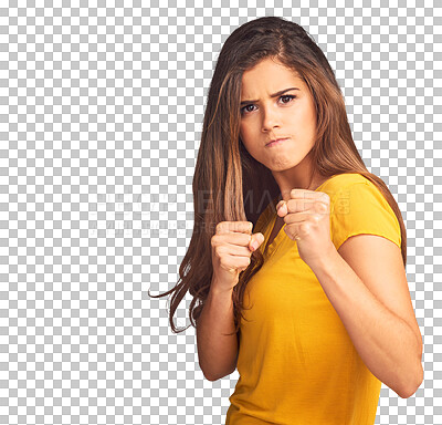 Buy stock photo Woman, fight and fist in portrait, angry and frustrated with power by transparent png background. Isolated girl, stress and face for conflict with hands, self defence and martial arts with gesture