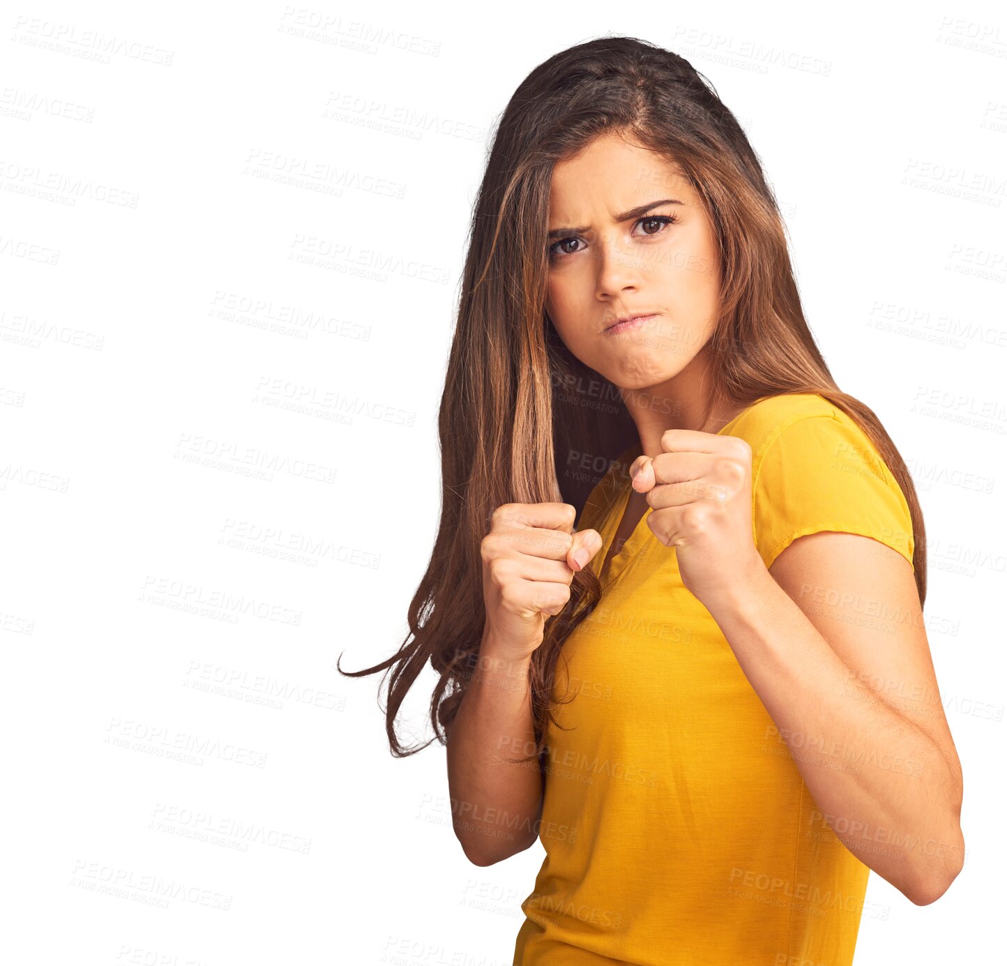 Buy stock photo Woman, fight and fist in portrait, angry and frustrated with power by transparent png background. Isolated girl, stress and face for conflict with hands, self defence and martial arts with gesture