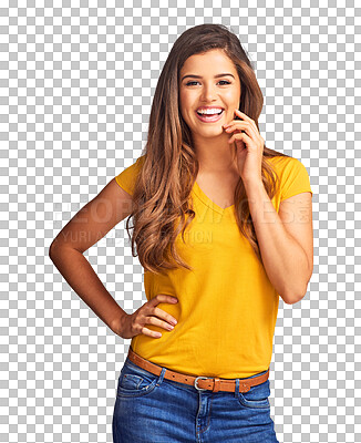 Buy stock photo Portrait, smile and beauty of woman, fashion and isolated on transparent png background. Happy young person touch  skin, natural and laughing girl in clothes or jeans for profile picture in Brazil