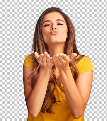 Buy stock photo Blowing kiss, woman and flirting in portrait, emoji and care or isolated on transparent png background. Female person, confidence and thank you or gratitude, motivation and romance or self love
