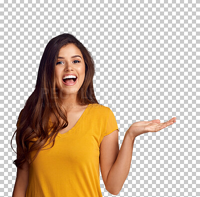 Buy stock photo Woman, excited and portrait with palm for presentation, sales review or promotion isolated on transparent png background. Announcement, advertising and feedback of deal, offer of information about us