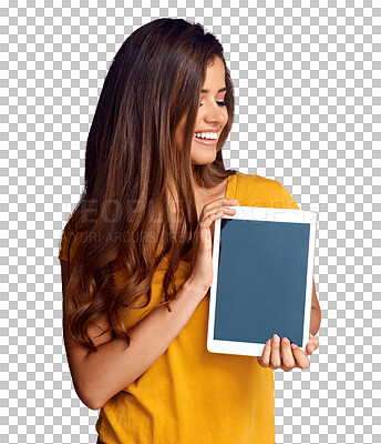 Buy stock photo Isolated woman, blank tablet and space for promotion, thinking and app by transparent png background. Girl, digital touchscreen and smile with ideas, mockup and happy for vision with ux for marketing