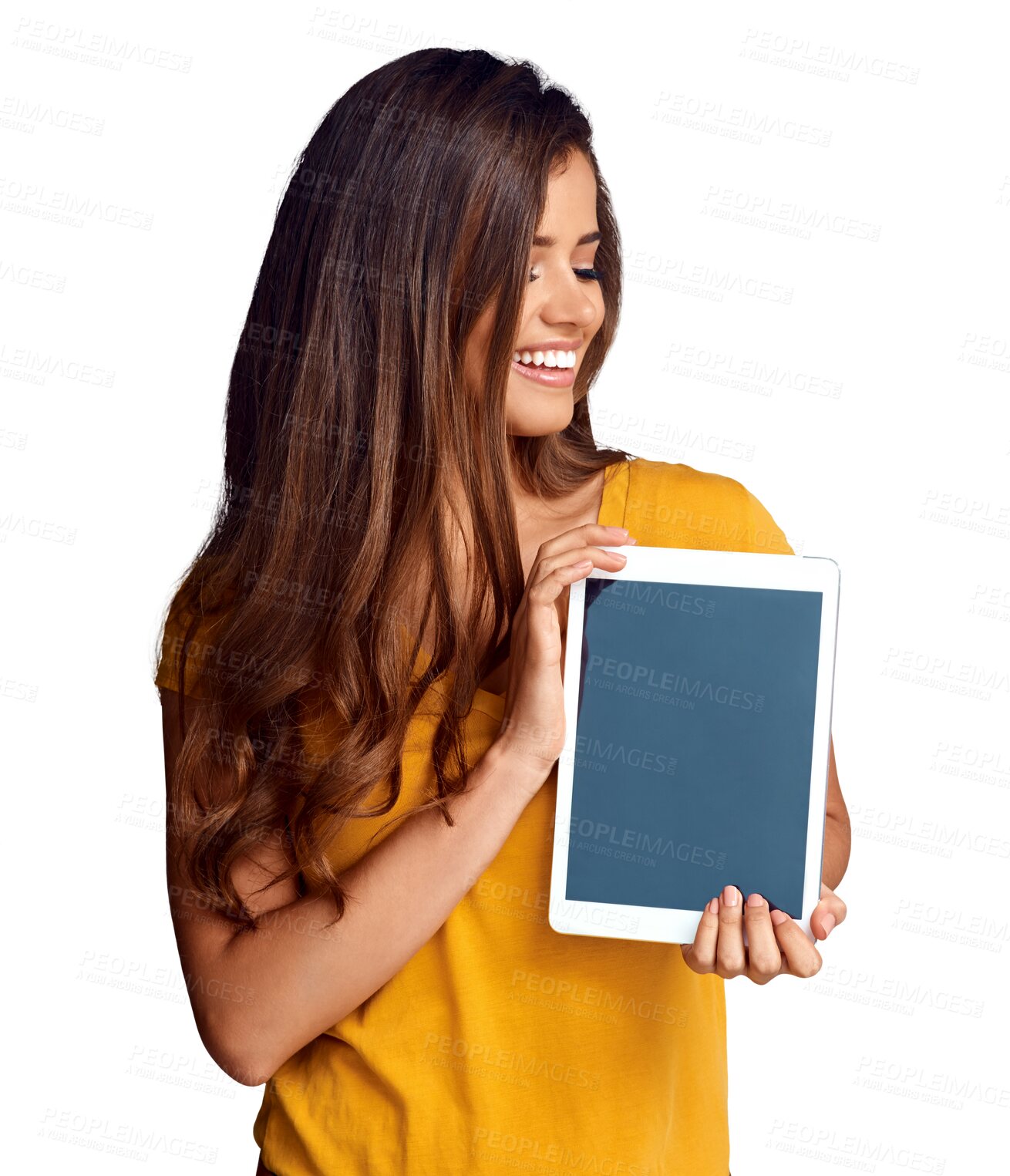 Buy stock photo Isolated woman, blank tablet and space for promotion, thinking and app by transparent png background. Girl, digital touchscreen and smile with ideas, mockup and happy for vision with ux for marketing