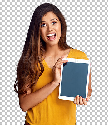Buy stock photo Portrait of woman, surprise or screen of tablet for advertising, marketing or website. Png background, transparent or isolated happy person with smile or shock for news, mockup space or announcement