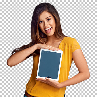 Buy stock photo Portrait of excited woman, tablet or mockup on screen for advertising, marketing or website. Png background, transparent or isolated happy lady with smile or tech for branding, space or presentation