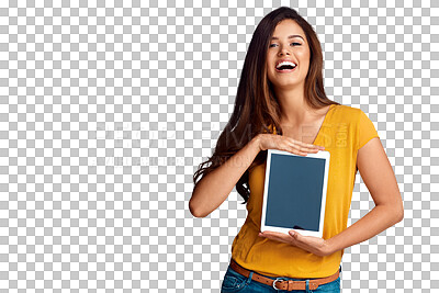 Buy stock photo Woman, blank tablet and smile in portrait, app promotion and isolated by transparent png background. Girl, digital touchscreen and happy with thinking, mockup space and vision with ux for marketing
