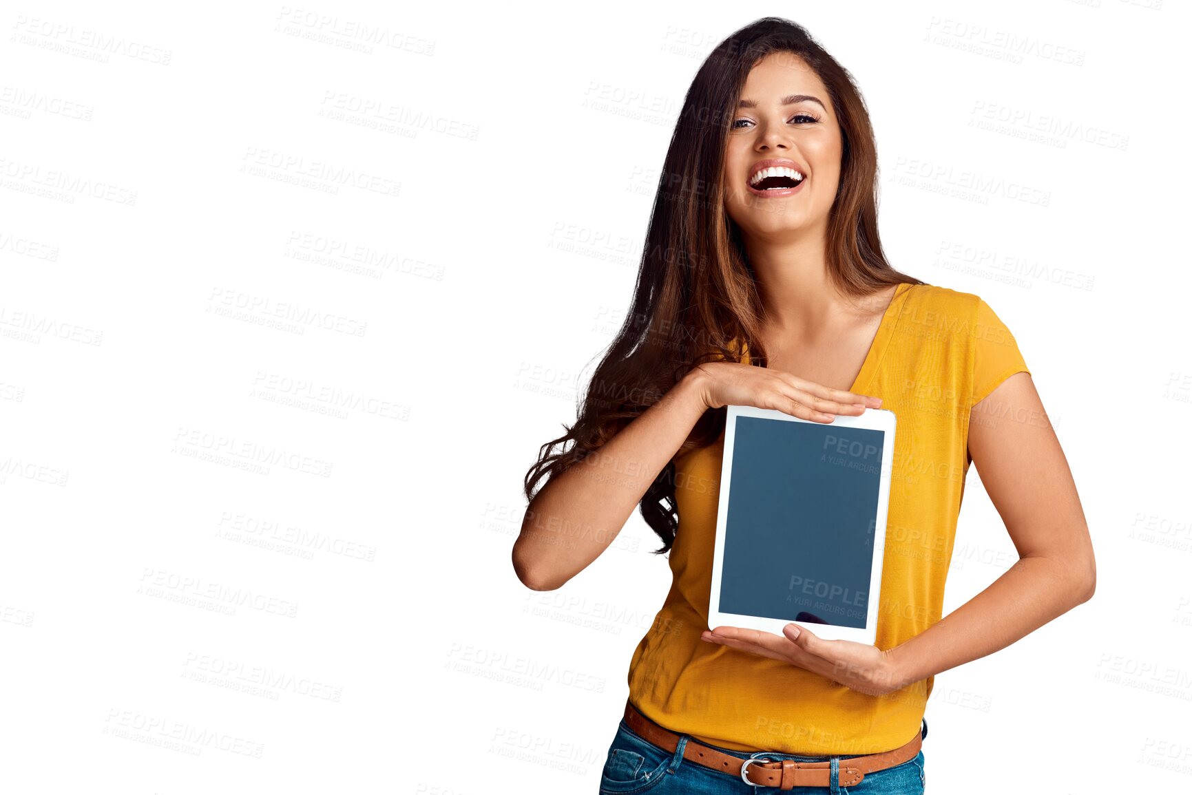 Buy stock photo Woman, blank tablet and smile in portrait, app promotion and isolated by transparent png background. Girl, digital touchscreen and happy with thinking, mockup space and vision with ux for marketing