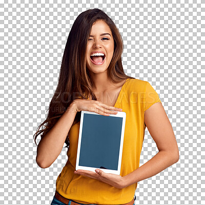 Buy stock photo Woman, blank tablet and happy in portrait, app promotion and isolated by transparent png background. Girl, digital touchscreen and smile with ux presentation, mockup space and screen for marketing