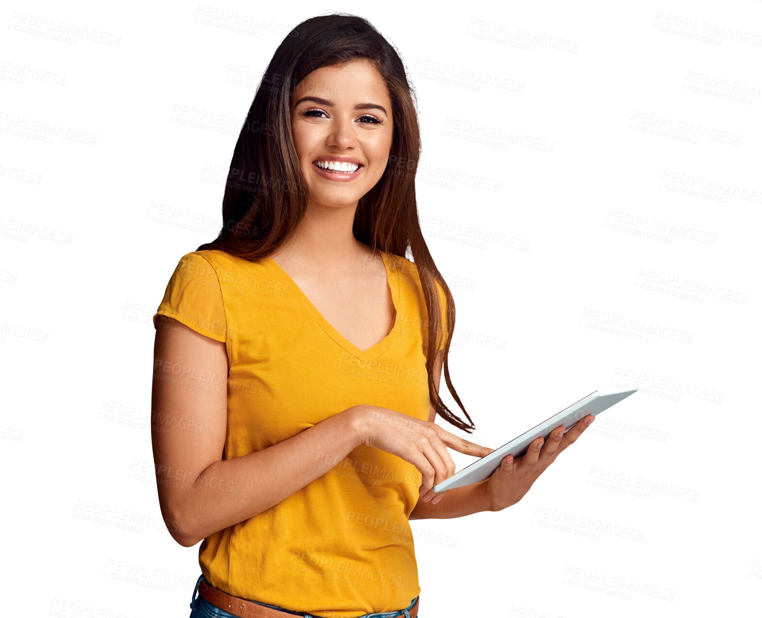 Buy stock photo Woman, portrait and smile with tablet for ebook, social media post or online shopping isolated on transparent png background. Digital streaming, subscription and download blog, software or search app