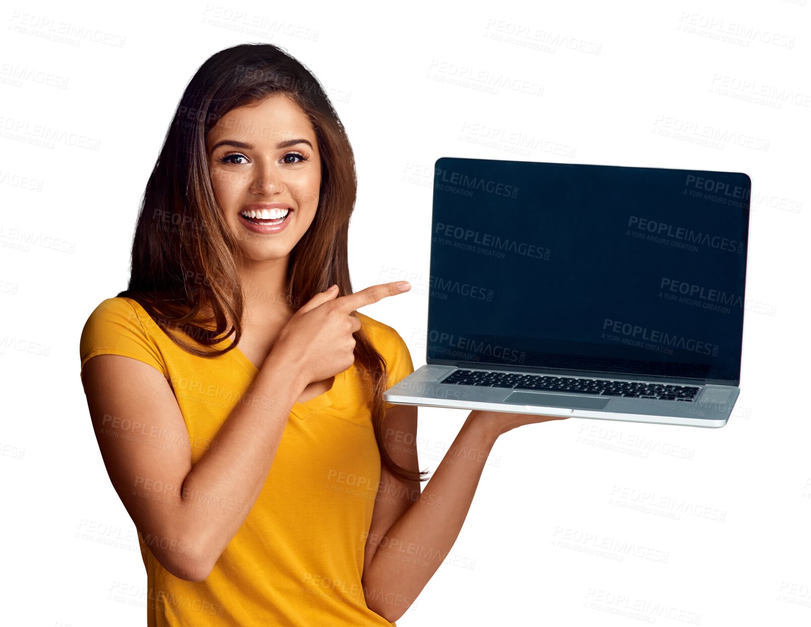 Buy stock photo Portrait, website and a woman pointing to a laptop screen isolated on a transparent background for information. Smile, internet and a happy young woman showing an empty display on PNG for marketing