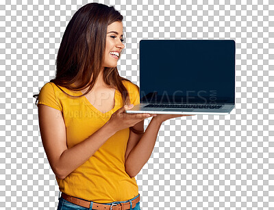 Buy stock photo Smile, display and a woman holding a laptop for browsing isolated on a transparent background for information. Computer, internet and happy young woman showing an empty screen on PNG for advertising