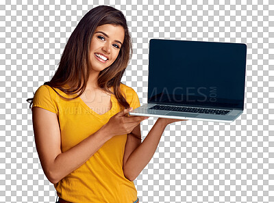 Buy stock photo Portrait, website and a woman showing a laptop screen isolated on transparent background for information. Computer, internet and happy young person with an empty display on PNG for mockup marketing