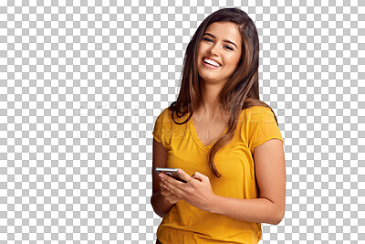Buy stock photo Woman, portrait and smile with phone to chat, update social media post and reading notification isolated on transparent png background. Smartphone, typing and search web for news, mobile games or app