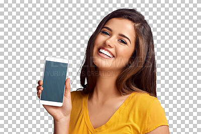 Buy stock photo Woman, portrait and cellphone screen as mockup space or social media, internet or isolated on transparent png background. Female person, face and mobile for website, app search or online connection