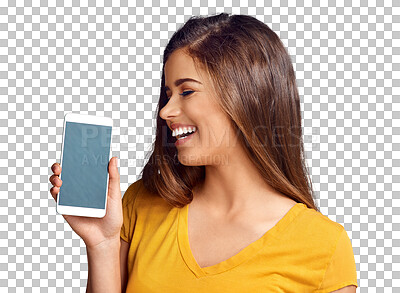 Buy stock photo Woman, smile and cellphone screen or mockup as social media, internet or isolated on transparent png background. Female person, happy and mobile as website app or online connection, search or network