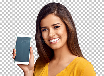 Buy stock photo Woman, portrait and happy for cellphone screen as mockup space or social media, internet or isolated on transparent png background. Female person, face and mobile or website, app or search connection