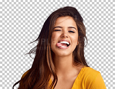 Buy stock photo Portrait, tongue and wink with a playful woman isolated on a transparent background for emoji expression. Funny face, smile and flirt with a cute young gen z person on PNG for comedy or humor