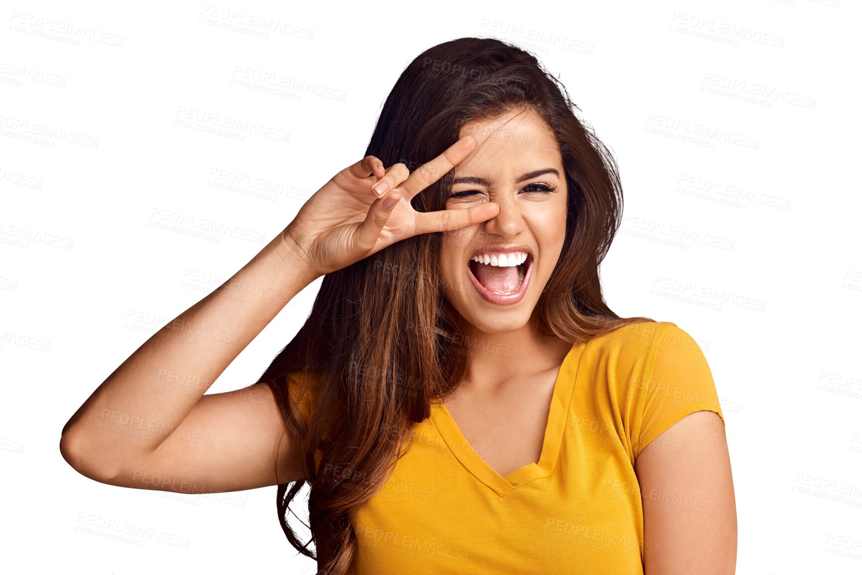 Buy stock photo Woman, portrait and wink with peace hand for fun emoji or motivation isolated on png transparent background. Person, face and smile with v sign, symbol or review with confidence, excited and support