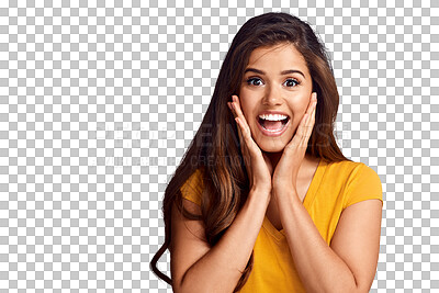 Buy stock photo Woman, portrait and surprised with wow or smile for announcement or news isolated on a png transparent background. Person, face and shocked for notification, discount or gossip with happy or excited