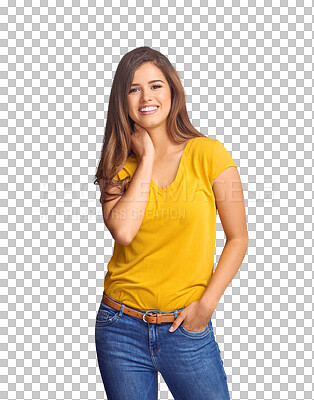 Buy stock photo Style, happy and portrait of young woman in casual, trendy and stylish outfit with confidence. Smile, beautiful and female model from Colombia with cool fashion isolated by transparent png background
