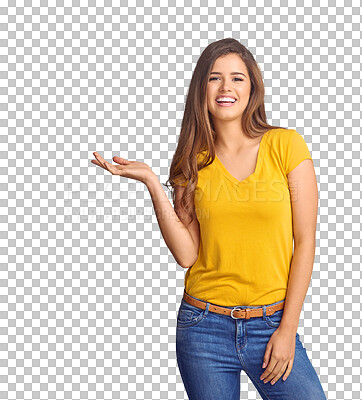 Buy stock photo Portrait, woman and smile with palm for presentation, news announcement and sales promotion isolated on transparent png background. Hands advertising deal, feedback or opinion of information about us