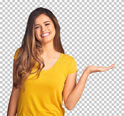 Buy stock photo Woman, smile and portrait with palm for presentation, sales announcement and offer promotion isolated on transparent png background. Hands advertising deal, feedback and review information about us 