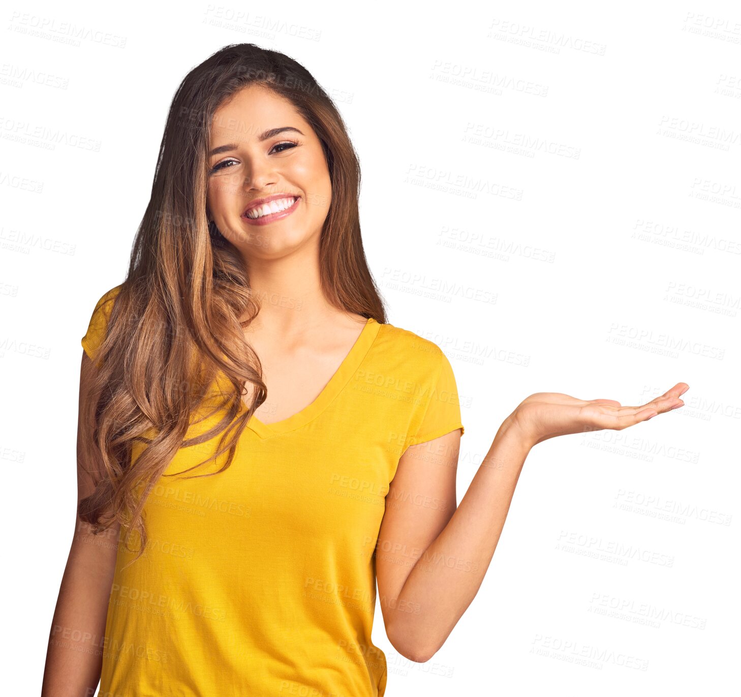 Buy stock photo Woman, smile and portrait with palm for presentation, sales announcement and offer promotion isolated on transparent png background. Hands advertising deal, feedback and review information about us 