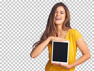 Buy stock photo Portrait of happy woman, laughing or screen of tablet for advertising, marketing or website. Png background, transparent or isolated funny lady with smile or tech for branding, space or presentation