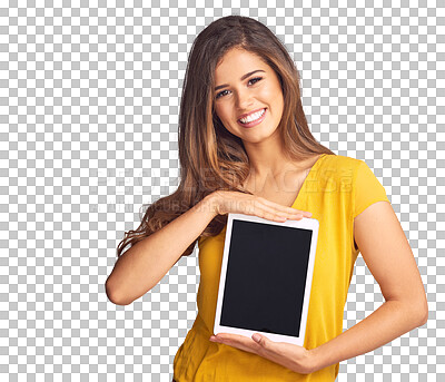 Buy stock photo Portrait of happy woman, tablet or promo on screen for advertising, marketing or website. Png background, transparent or isolated person with smile or tech for branding, mockup space or presentation