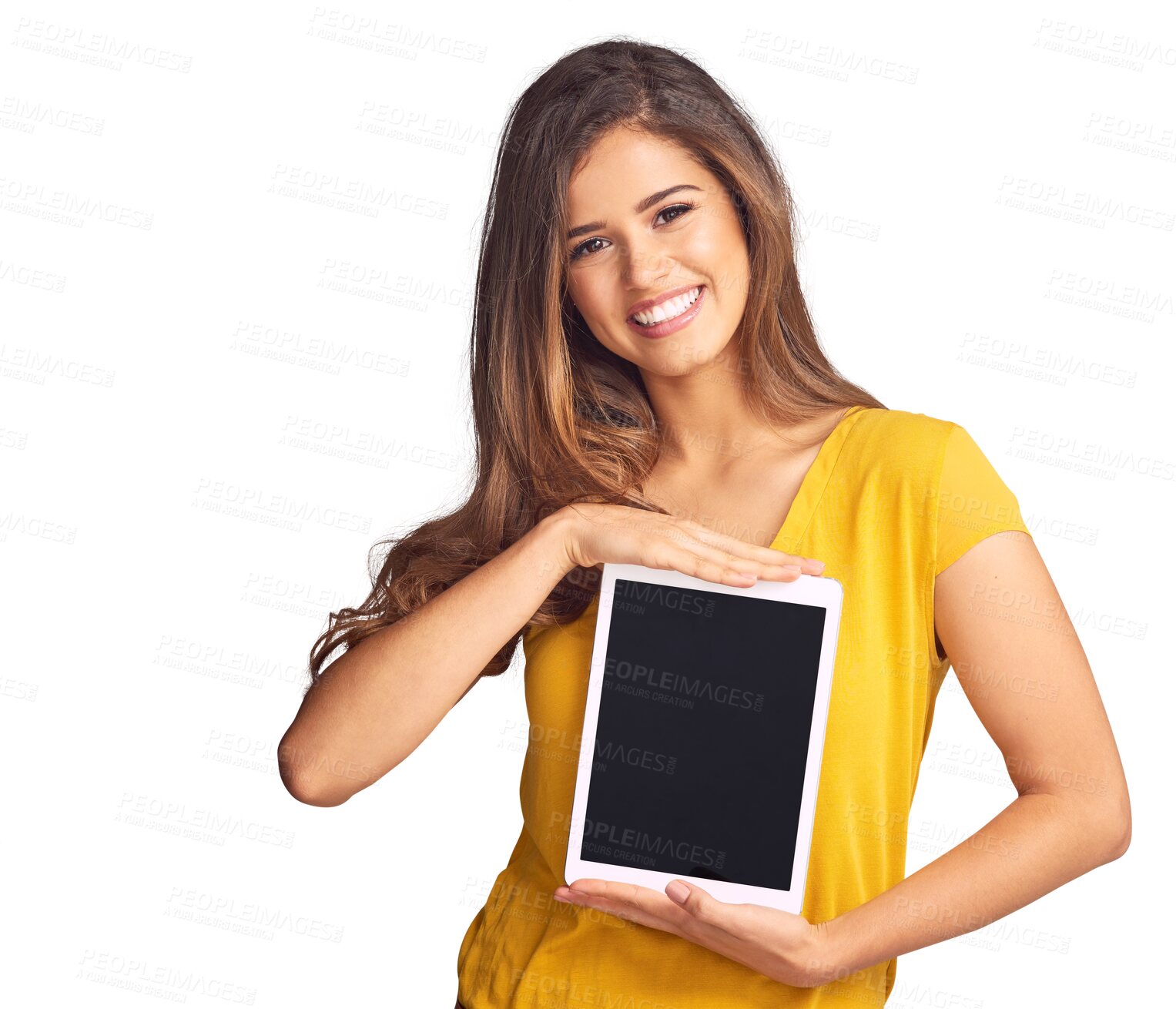 Buy stock photo Portrait of happy woman, tablet or promo on screen for advertising, marketing or website. Png background, transparent or isolated person with smile or tech for branding, mockup space or presentation