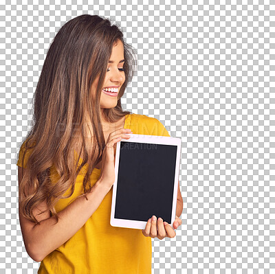 Buy stock photo Isolated woman, blank tablet and happy with promotion, thinking and app by transparent png background. Girl, digital touchscreen and smile with ideas, mockup space and vision with ux for marketing