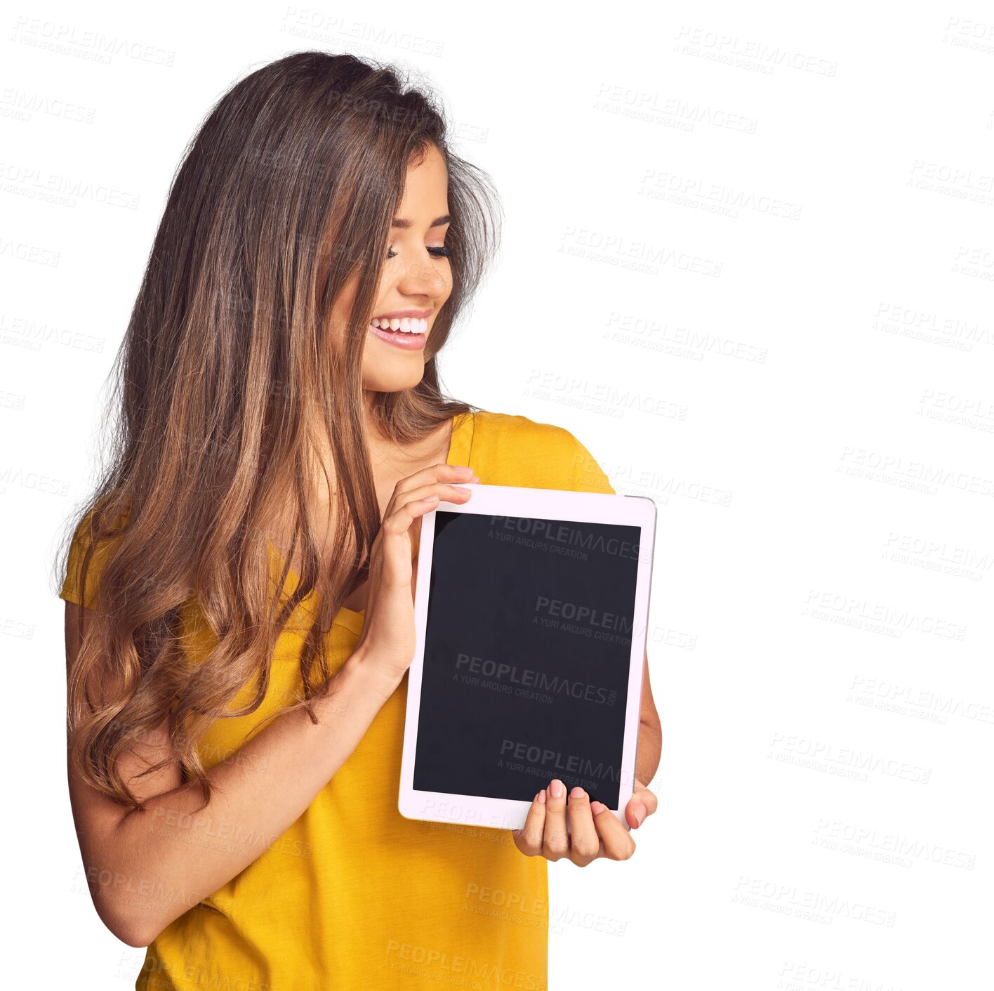 Buy stock photo Isolated woman, blank tablet and happy with promotion, thinking and app by transparent png background. Girl, digital touchscreen and smile with ideas, mockup space and vision with ux for marketing