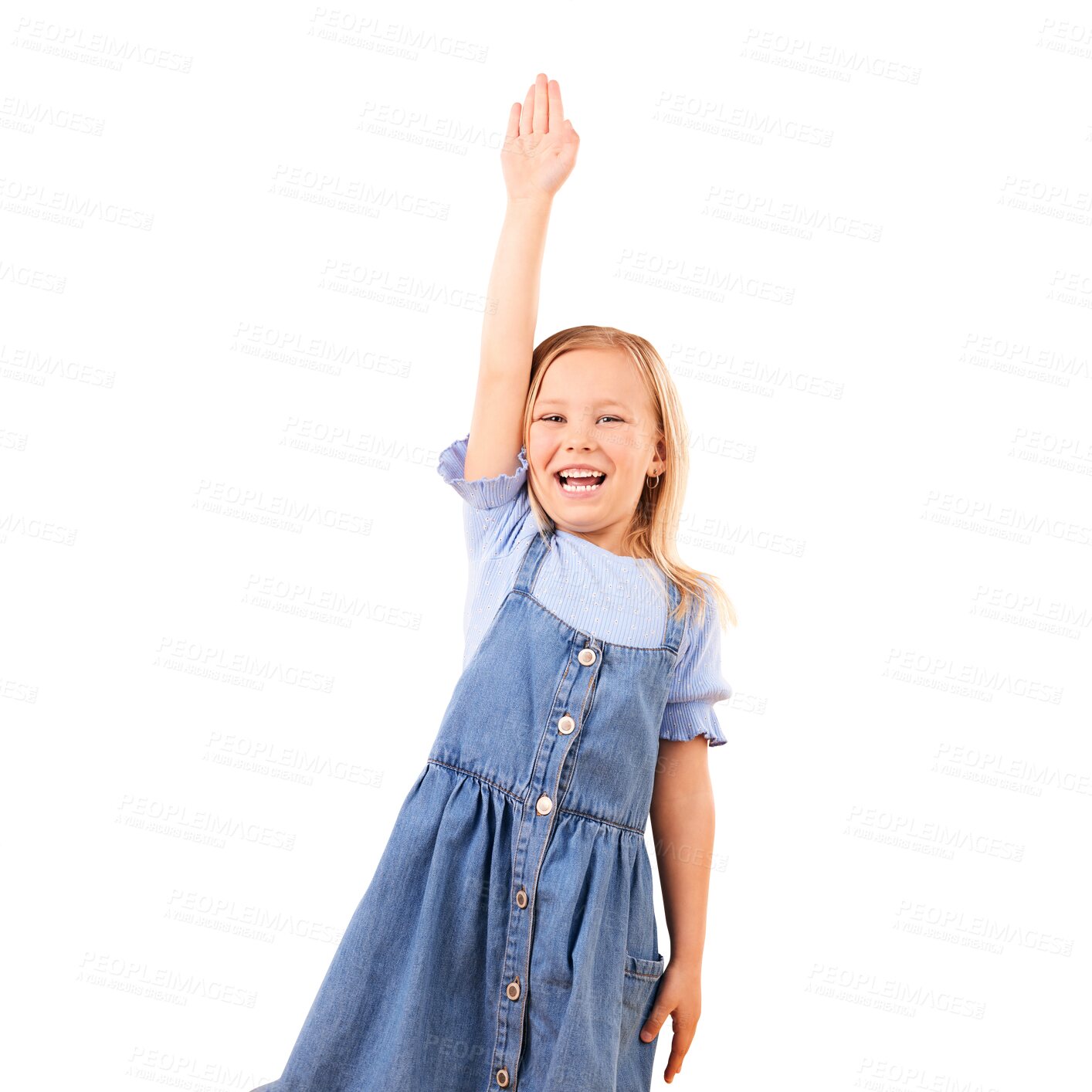 Buy stock photo Portrait, smile and hand up with a girl child isolated on transparent background for success as a volunteer. Youth, question and answer with an excited young kid on PNG for motivation or achievement