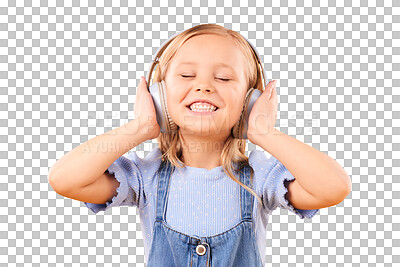 Buy stock photo Headphones, smile or child streaming music to relax and freedom isolated on png transparent background. Face, sing and happy girl singer listening to radio song, sound or audio on online subscription