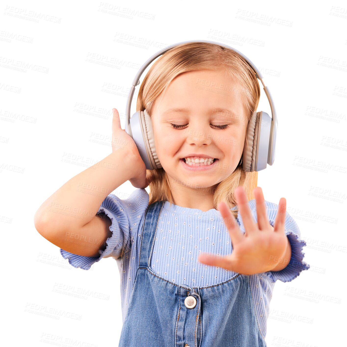 Buy stock photo Headphones, dancing or child streaming music to relax for freedom isolated on png transparent background. Smile, excited or happy girl listening to a radio song, sound or audio on online subscription