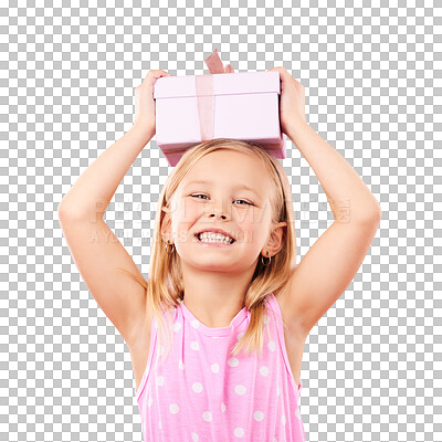 Buy stock photo Happy, smile and portrait of child with gift for birthday, event or party with positive attitude. Excited, surprise and little girl kid with pink present box isolated by transparent png background.