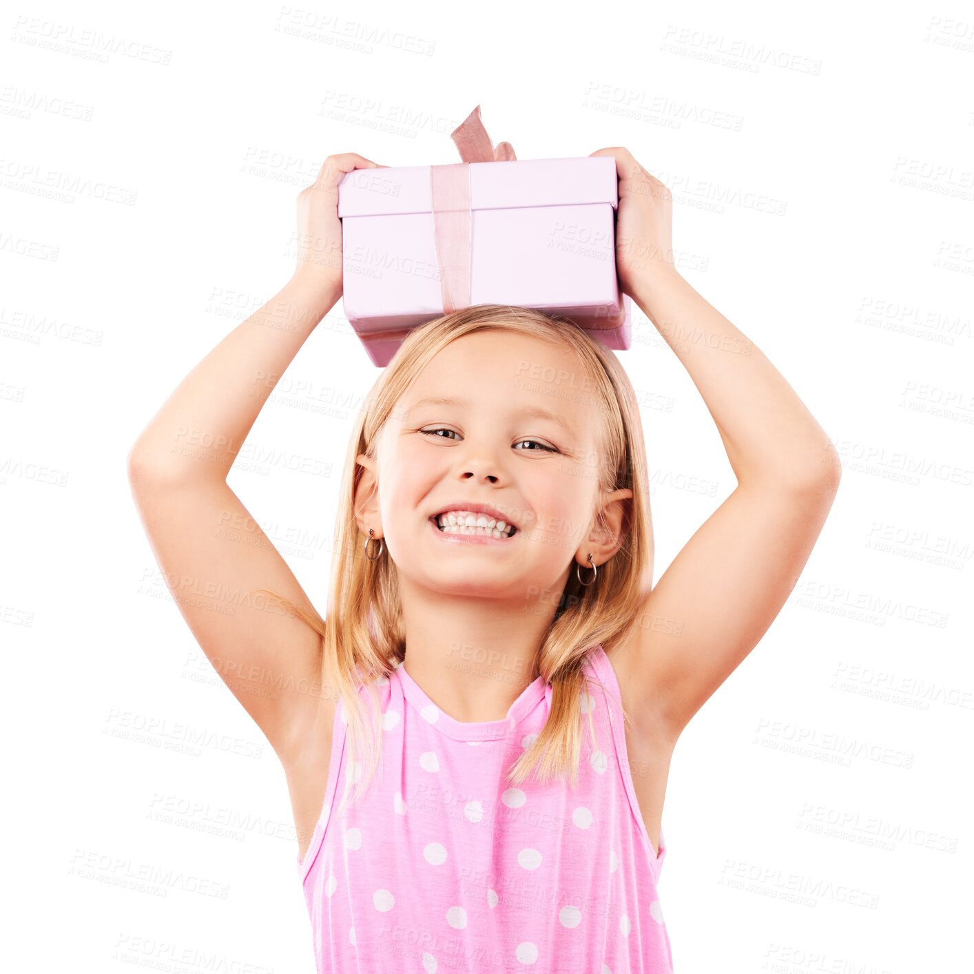 Buy stock photo Happy, smile and portrait of child with gift for birthday, event or party with positive attitude. Excited, surprise and little girl kid with pink present box isolated by transparent png background.