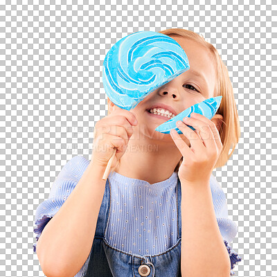 Buy stock photo Child, lollipop and candy for happy sweets or sugar rush, snack or isolated on transparent png background. Female person, kid and dessert hungry for unhealthy carnival food, fun party or color spiral