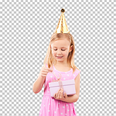 Buy stock photo Little girl, party hat and gift with ribbon for birthday, event or celebration with box. Child, youth and looking down on isolated or a transparent png background for giveaway, present or product