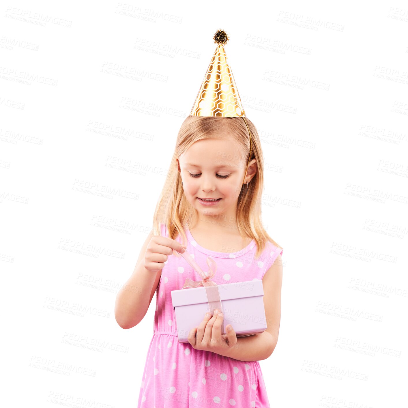 Buy stock photo Little girl, party hat and gift with ribbon for birthday, event or celebration with box. Child, youth and looking down on isolated or a transparent png background for giveaway, present or product