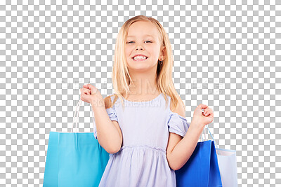 Buy stock photo Portrait, little girl and smile with shopping bag for purchase, customer or gift with fashion. Child, happy or excited emoji for retail, present or giveaway on isolated or transparent png background