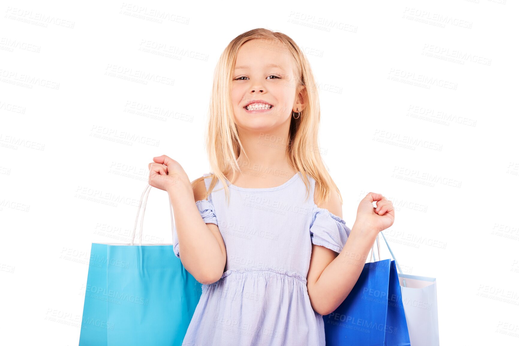 Buy stock photo Portrait, little girl and smile with shopping bag for purchase, customer or gift with fashion. Child, happy or excited emoji for retail, present or giveaway on isolated or transparent png background