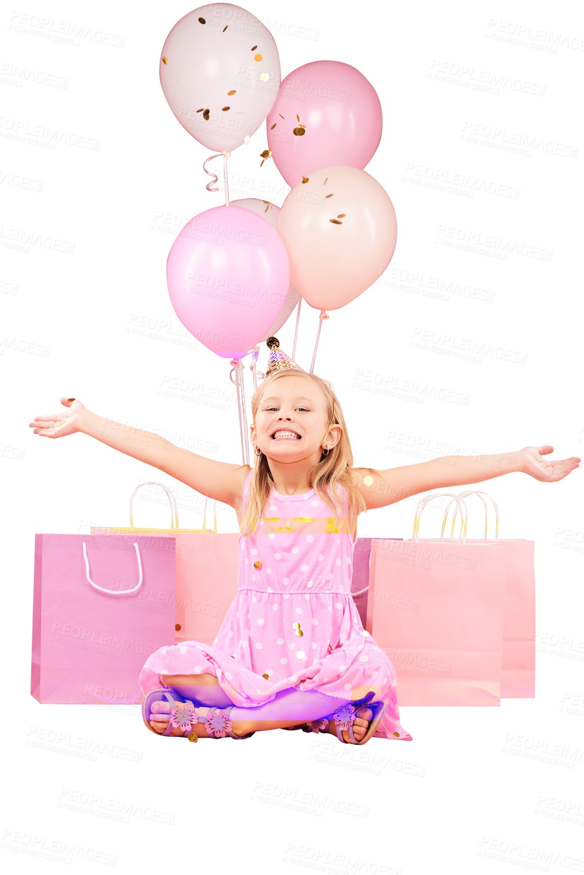 Buy stock photo Excited, girl and portrait with balloons, present or gift for birthday, event or celebration in happiness. Child, party hat or smile for confetti, open arms and isolated on transparent png background