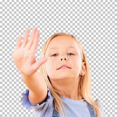 Buy stock photo Girl, stop and portrait of child with hand for no, warning or vote on transparent, isolated or png background. Protest, sign and face of kid with emoji for control, power or voice, opinion or caution