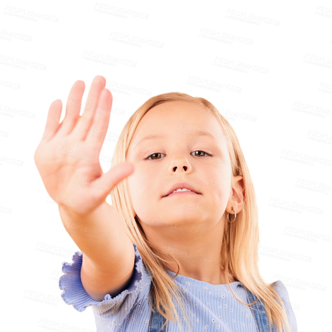 Buy stock photo Girl, stop and portrait of child with hand for no, warning or vote on transparent, isolated or png background. Protest, sign and face of kid with emoji for control, power or voice, opinion or caution