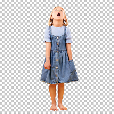 Buy stock photo Isolated girl child, fashion and wow for news, thinking or coming soon promo by transparent png background. Looking up, surprise and kid shocked by choice, sale or discount, announcement or giveaway