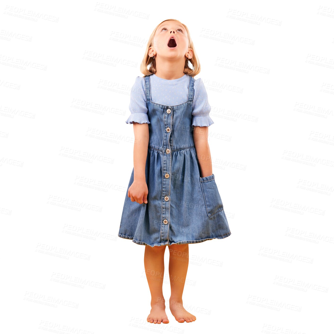 Buy stock photo Isolated girl child, fashion and wow for news, thinking or coming soon promo by transparent png background. Looking up, surprise and kid shocked by choice, sale or discount, announcement or giveaway