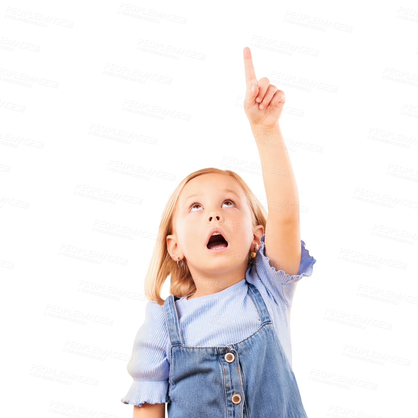 Buy stock photo Child, surprise or girl pointing up at wow news, discount deal or show promo offer, youth ads service or OMG info. WTF, coming soon presentation or shocked kid isolated on transparent, png background