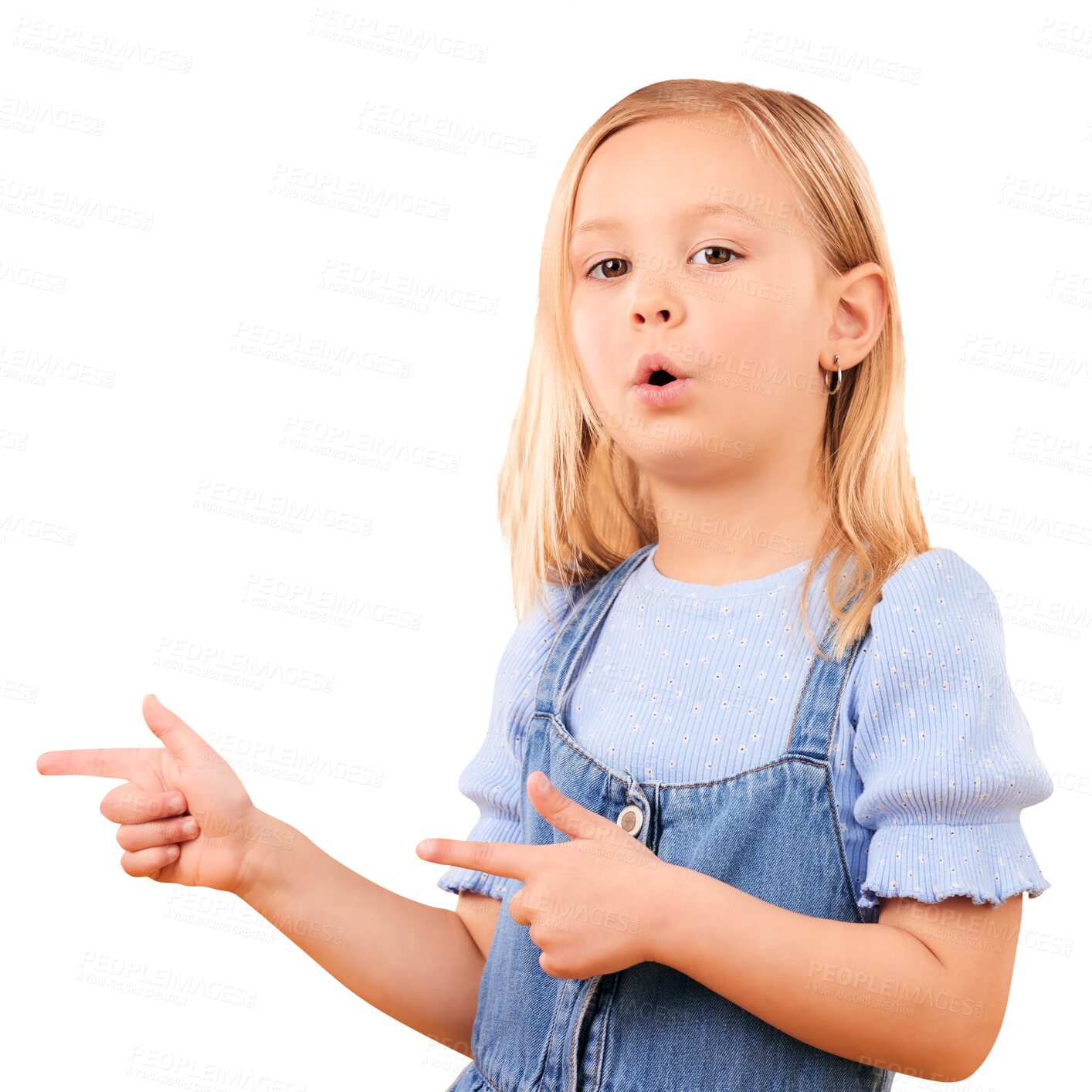 Buy stock photo Finger gun, portrait and child pointing at advertising news, discount opportunity or youth presentation, info or commercial. Announcement, sales launch and kid isolated on transparent, png background